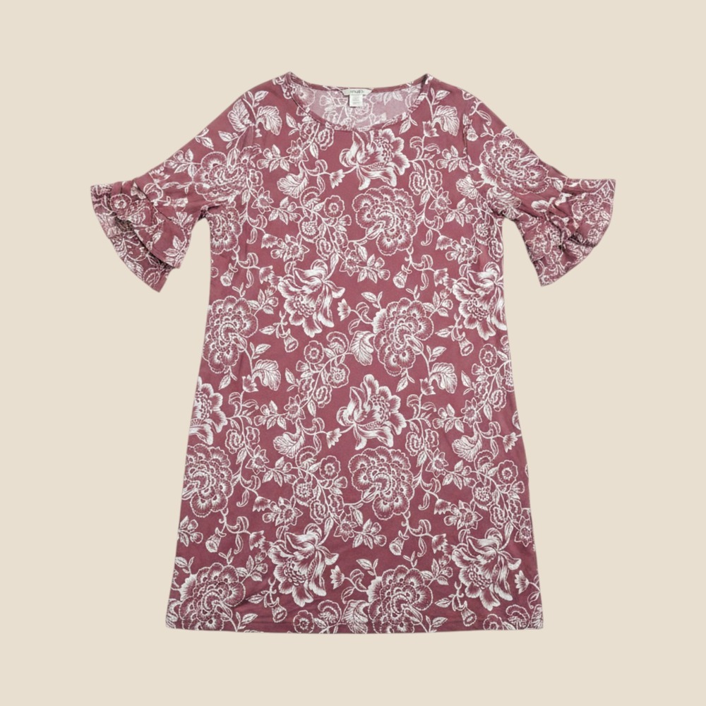 Rae Republic Womens Floral Shift Dress Ruffle Bell Sleeve 2X Mauve Pink